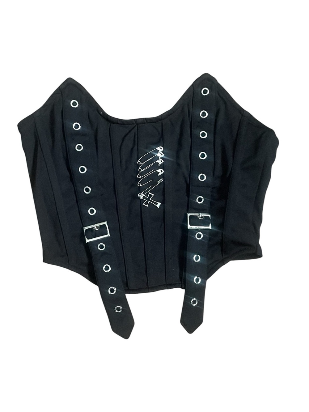 Queen Mania Black Buckle Safety Pin Goth  Corset Crop Top Size XS/S Festival